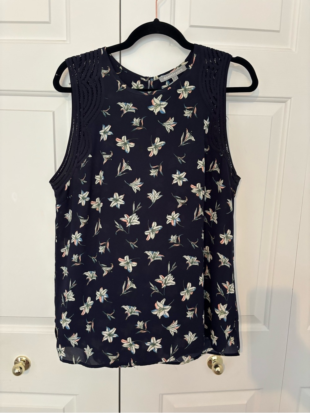 Daniel Rainn Navy Floral Sleeveless Camisole with Lace-Trim Shoulders